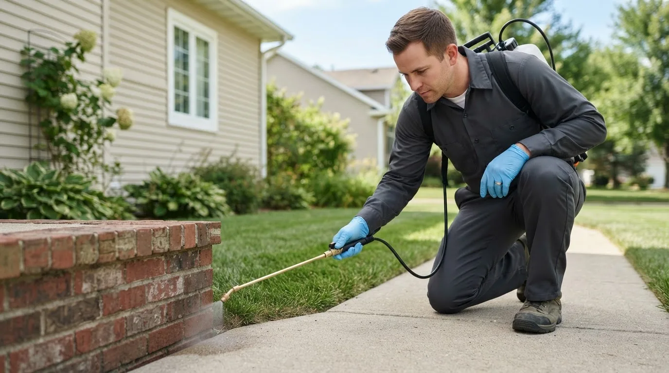 Pest control technician treating a home near Ellston, IA