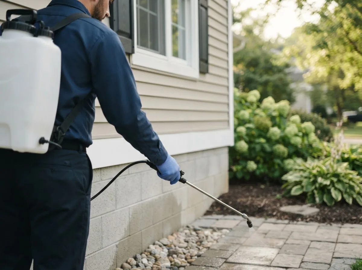 Pest control technician inspecting a home in Ellston, IA